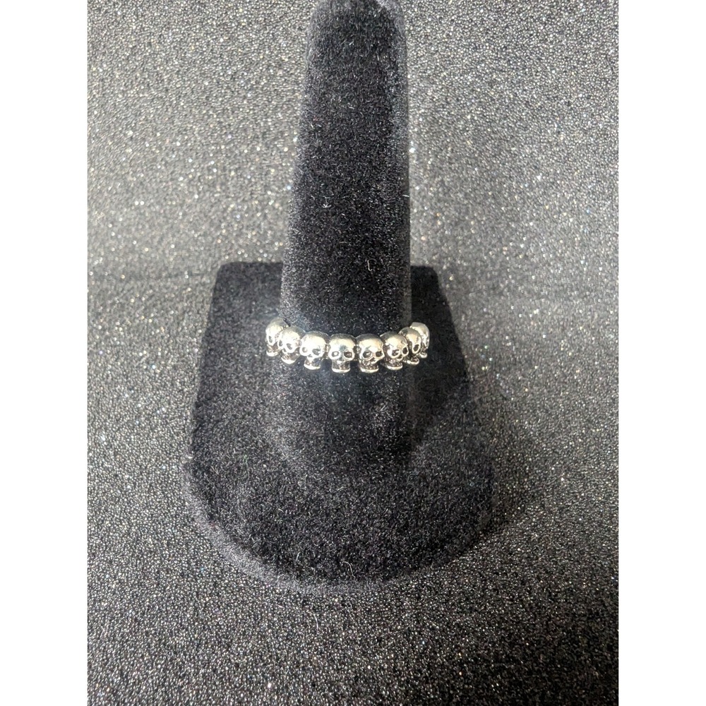 Silver Toned Half Band‎ Of Skulls Ring - Size 7.5